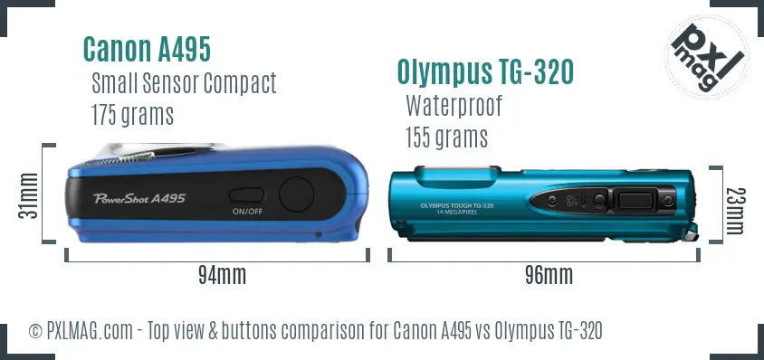 Canon A495 vs Olympus TG-320 top view buttons comparison