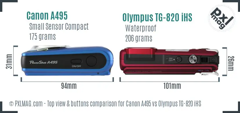 Canon A495 vs Olympus TG-820 iHS top view buttons comparison