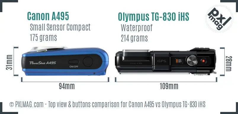Canon A495 vs Olympus TG-830 iHS top view buttons comparison