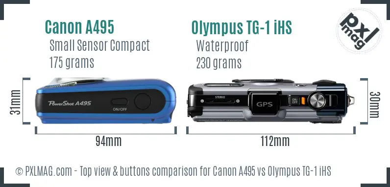 Canon A495 vs Olympus TG-1 iHS top view buttons comparison