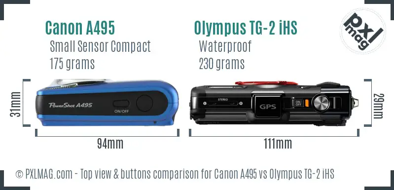 Canon A495 vs Olympus TG-2 iHS top view buttons comparison