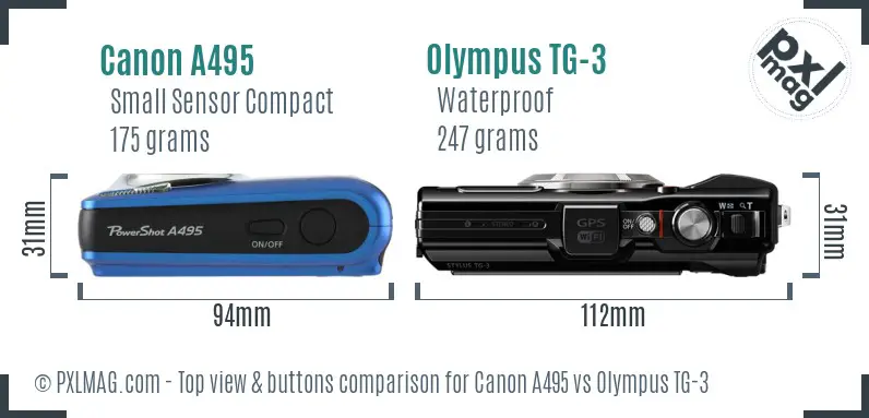 Canon A495 vs Olympus TG-3 top view buttons comparison Canon A495 vs Olympus TG-3 top view buttons comparison