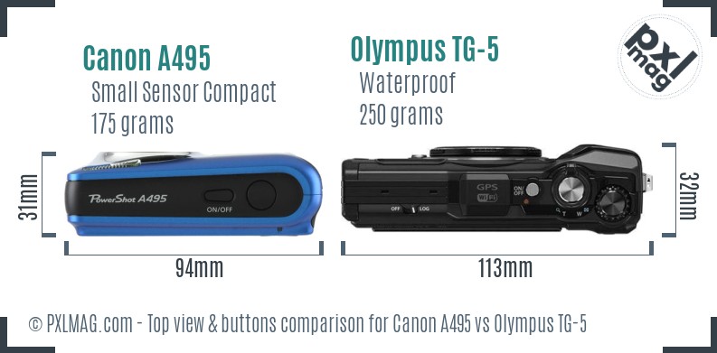 Canon A495 vs Olympus TG-5 top view buttons comparison