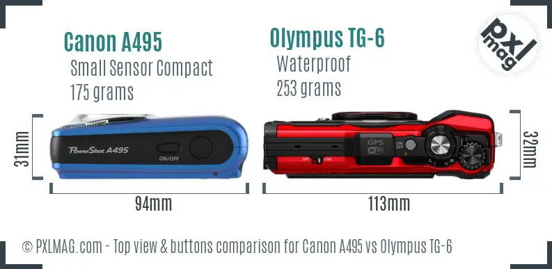 Canon A495 vs Olympus TG-6 top view buttons comparison