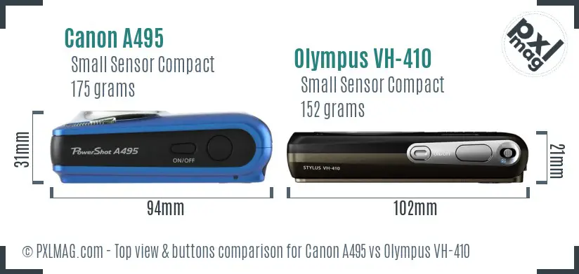 Canon A495 vs Olympus VH-410 top view buttons comparison Canon A495 vs Olympus VH-410 top view buttons comparison