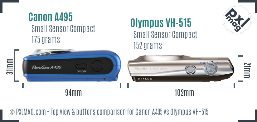 Canon A495 vs Olympus VH-515 top view buttons comparison