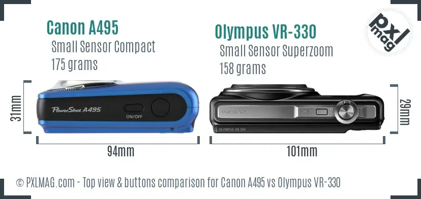 Canon A495 vs Olympus VR-330 top view buttons comparison