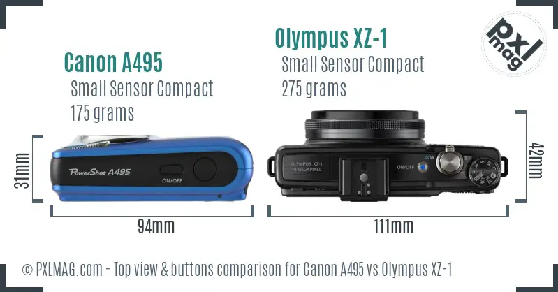 Canon A495 vs Olympus XZ-1 top view buttons comparison