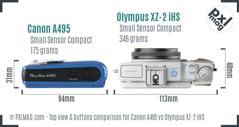 Canon A495 vs Olympus XZ-2 iHS top view buttons comparison