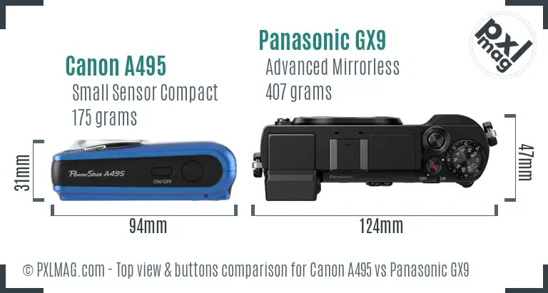 Canon A495 vs Panasonic GX9 top view buttons comparison