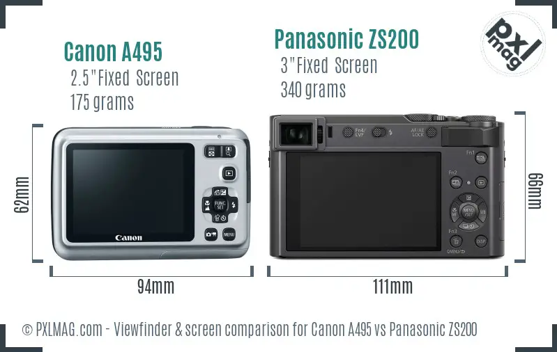 Canon A495 vs Panasonic ZS200 Screen and Viewfinder comparison