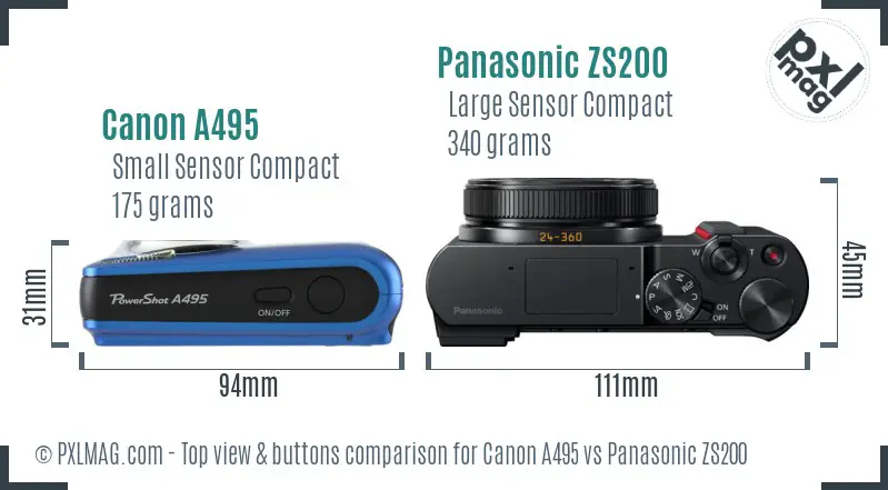 Canon A495 vs Panasonic ZS200 top view buttons comparison