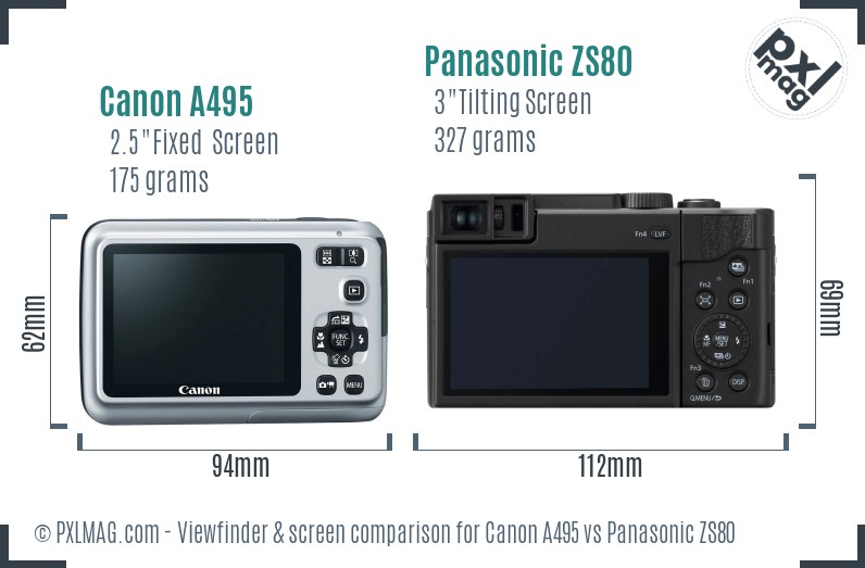 Canon A495 vs Panasonic ZS80 Screen and Viewfinder comparison