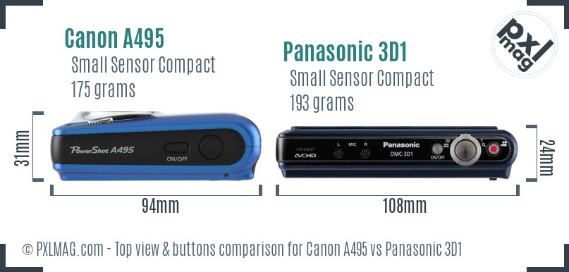 Canon A495 vs Panasonic 3D1 top view buttons comparison
