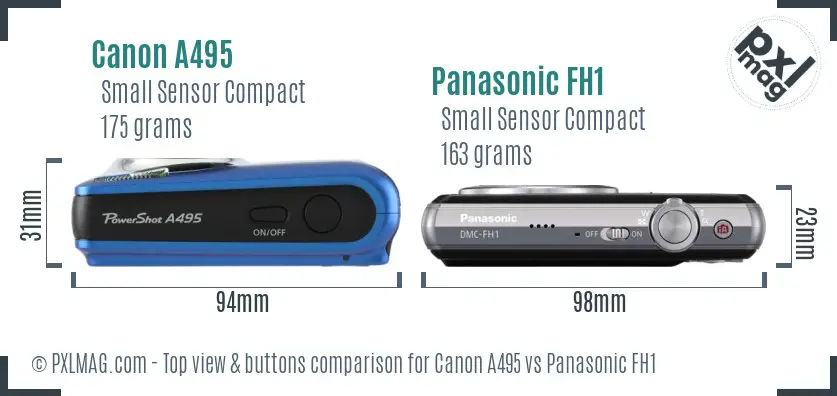 Canon A495 vs Panasonic FH1 top view buttons comparison