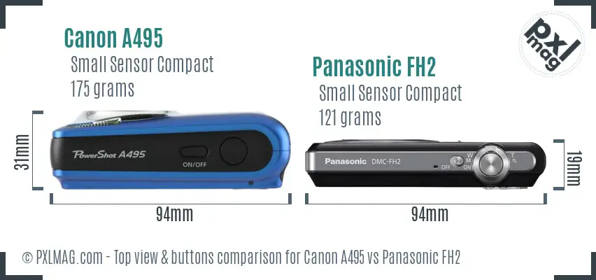 Canon A495 vs Panasonic FH2 top view buttons comparison