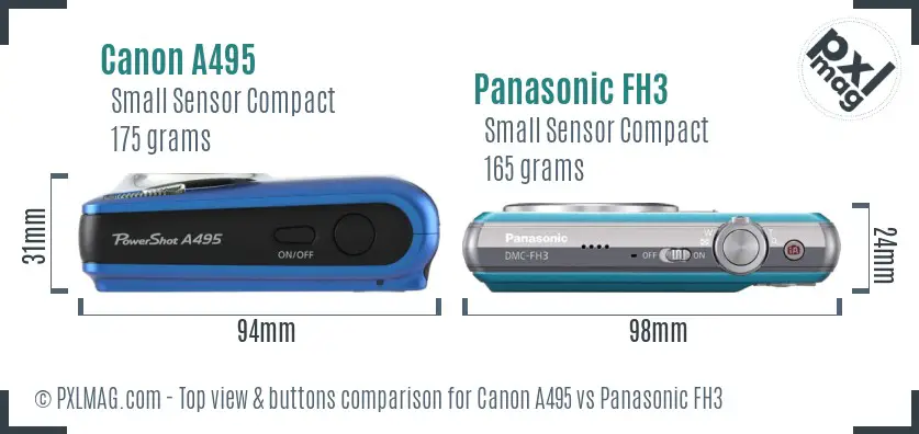 Canon A495 vs Panasonic FH3 top view buttons comparison Canon A495 vs Panasonic FH3 top view buttons comparison