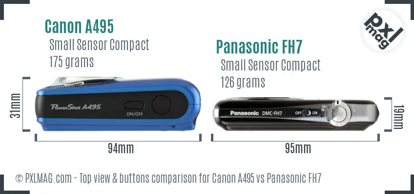 Canon A495 vs Panasonic FH7 top view buttons comparison
