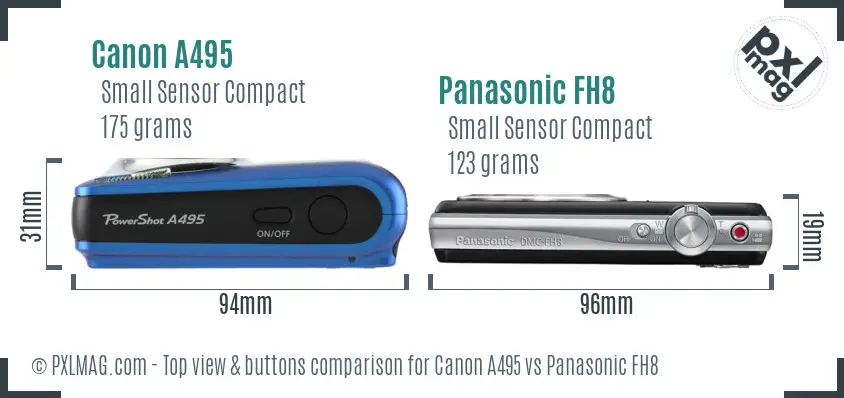 Canon A495 vs Panasonic FH8 top view buttons comparison