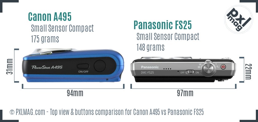 Canon A495 vs Panasonic FS25 top view buttons comparison