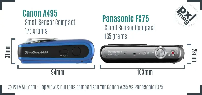 Canon A495 vs Panasonic FX75 top view buttons comparison