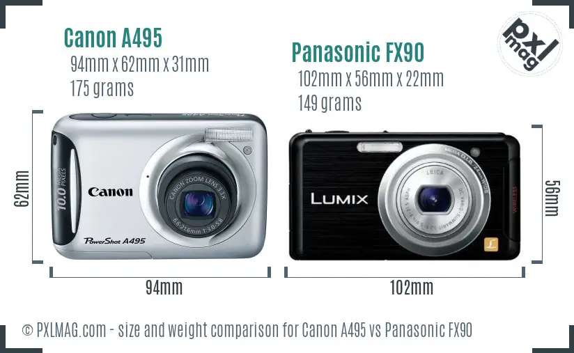 Canon A495 vs Panasonic FX90 size comparison