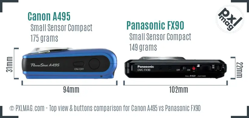 Canon A495 vs Panasonic FX90 top view buttons comparison