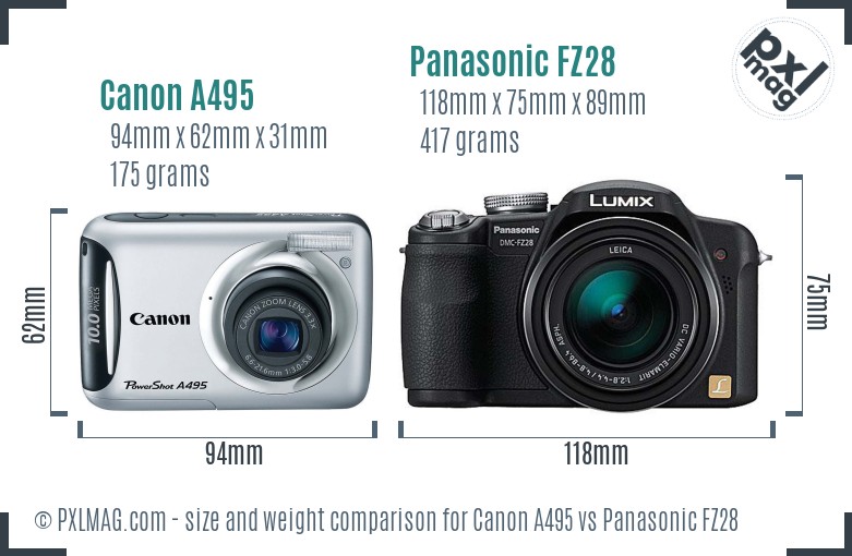 Canon A495 vs Panasonic FZ28 size comparison