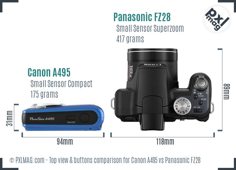 Canon A495 vs Panasonic FZ28 top view buttons comparison