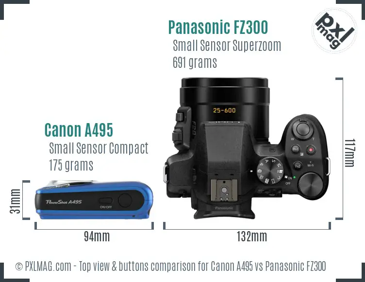 Canon A495 vs Panasonic FZ300 top view buttons comparison