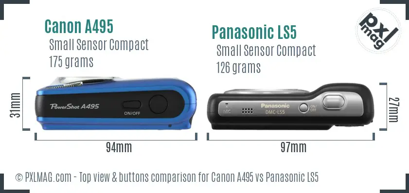 Canon A495 vs Panasonic LS5 top view buttons comparison Canon A495 vs Panasonic LS5 top view buttons comparison