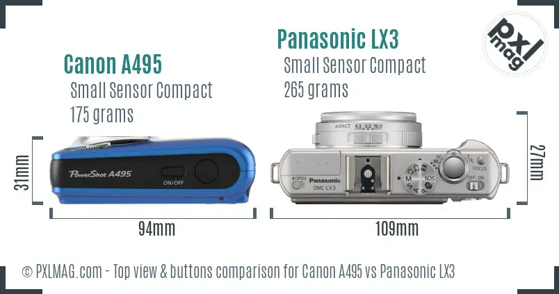 Canon A495 vs Panasonic LX3 top view buttons comparison