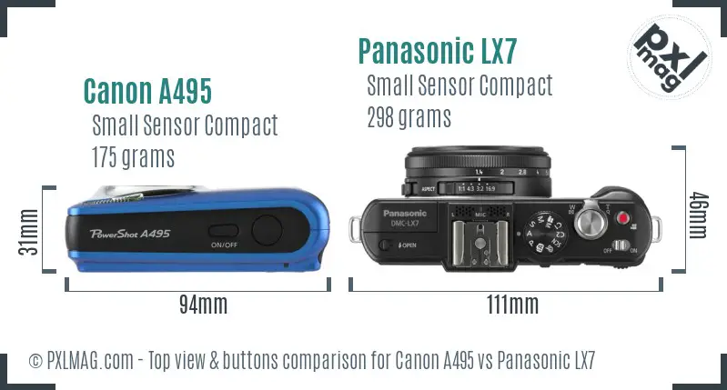 Canon A495 vs Panasonic LX7 top view buttons comparison