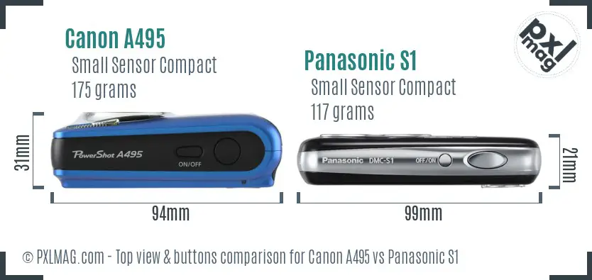 Canon A495 vs Panasonic S1 top view buttons comparison Canon A495 vs Panasonic S1 top view buttons comparison