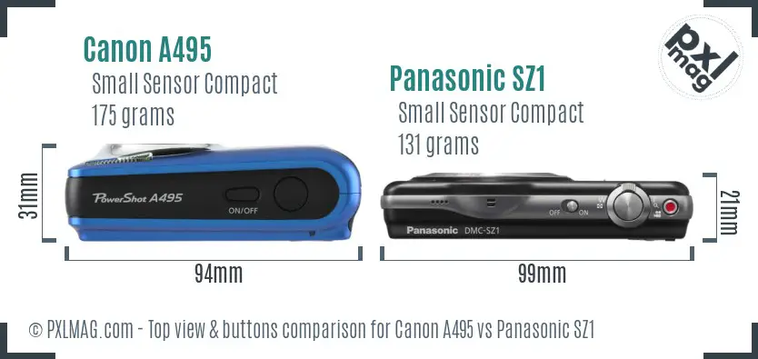 Canon A495 vs Panasonic SZ1 top view buttons comparison