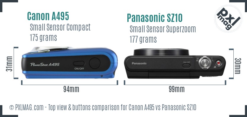 Canon A495 vs Panasonic SZ10 top view buttons comparison