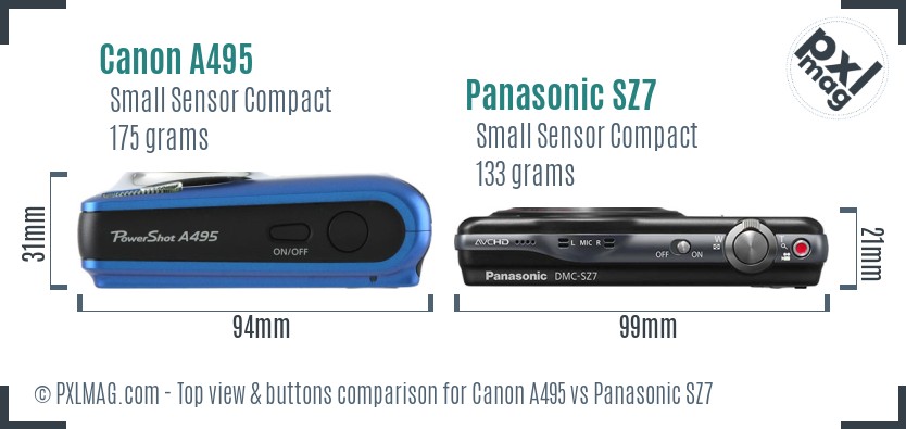 Canon A495 vs Panasonic SZ7 top view buttons comparison
