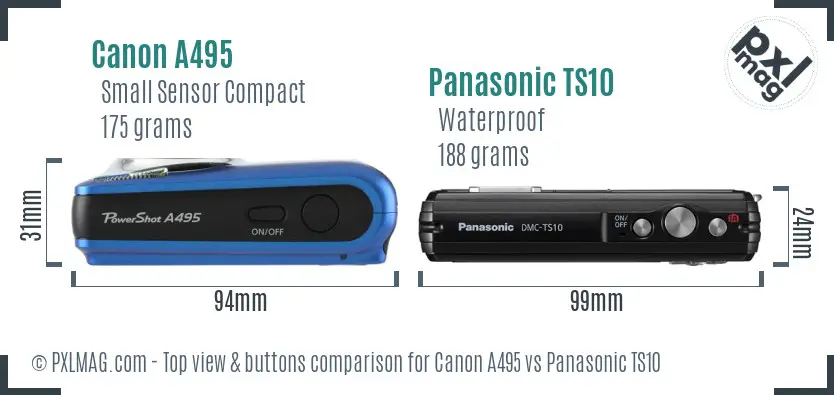 Canon A495 vs Panasonic TS10 top view buttons comparison