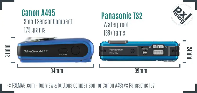 Canon A495 vs Panasonic TS2 top view buttons comparison Canon A495 vs Panasonic TS2 top view buttons comparison