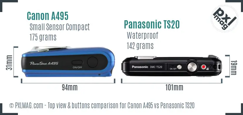 Canon A495 vs Panasonic TS20 top view buttons comparison