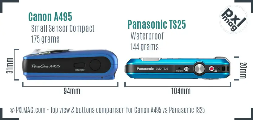 Canon A495 vs Panasonic TS25 top view buttons comparison Canon A495 vs Panasonic TS25 top view buttons comparison