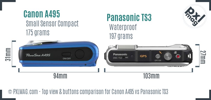 Canon A495 vs Panasonic TS3 top view buttons comparison