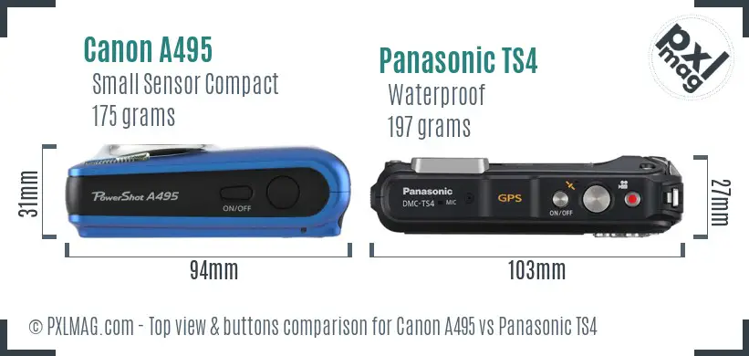 Canon A495 vs Panasonic TS4 top view buttons comparison Canon A495 vs Panasonic TS4 top view buttons comparison