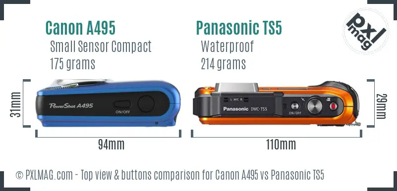 Canon A495 vs Panasonic TS5 top view buttons comparison