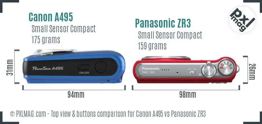 Canon A495 vs Panasonic ZR3 top view buttons comparison