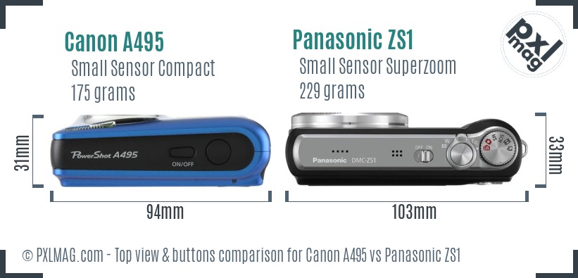 Canon A495 vs Panasonic ZS1 top view buttons comparison