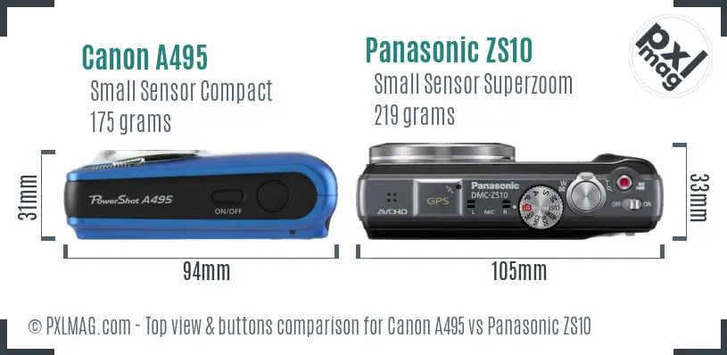 Canon A495 vs Panasonic ZS10 top view buttons comparison