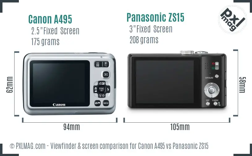 Canon A495 vs Panasonic ZS15 Screen and Viewfinder comparison