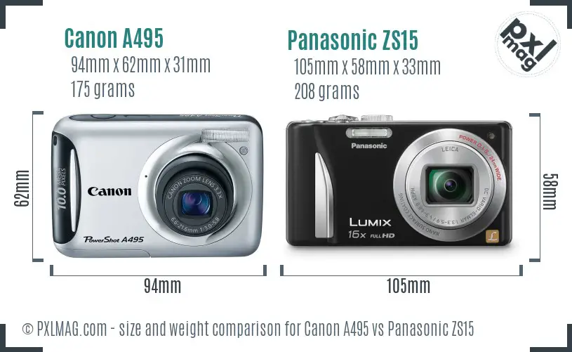 Canon A495 vs Panasonic ZS15 size comparison