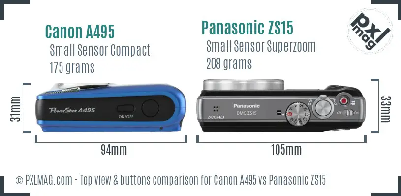 Canon A495 vs Panasonic ZS15 top view buttons comparison